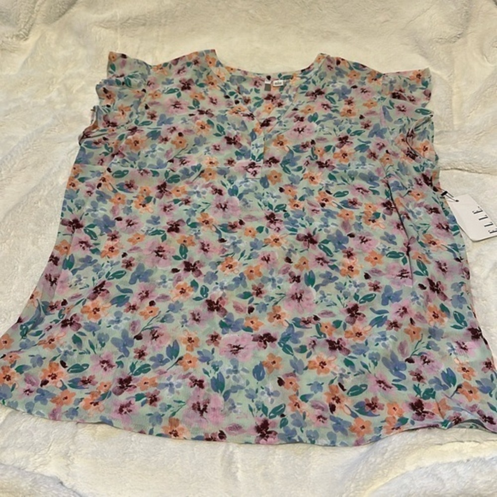 NEW Women's ELLE™ Flutter Sleeve Top Floral Print large Blouse Lightweight